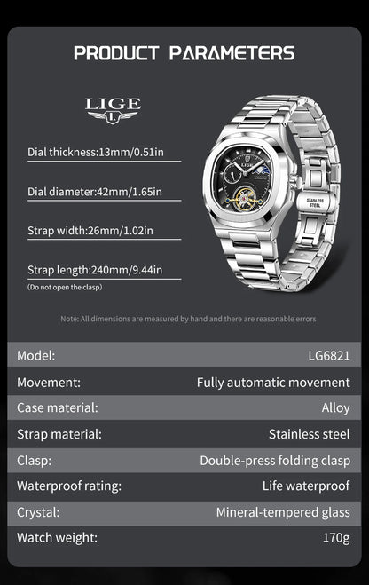 LIGE Dual Seconds Tourbillon Watch – Men's Stainless Steel Mechanical Timepiece, 24H, Night Glow, Waterproof