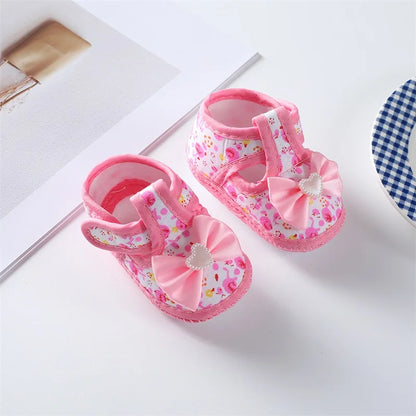 0-18 Months Baby Girls Soft Sole Shoes – Bowknot Flower Print, Non-Slip First Walkers for Indoor & Outdoor
