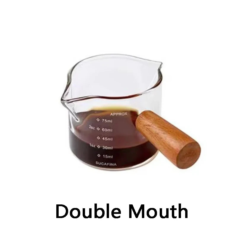 75ML Glass Coffee Measuring Cup with Wooden Handle — Espresso, Milk & Latte Transparent Cup with Scale, Kitchen Coffee Barista Tool
