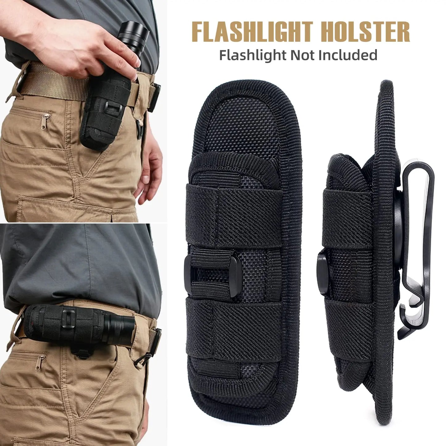 Tactical Flashlight Pouch Holster - Rotatable Holder with Belt Clip and 360-Degree Carabiner Reel Clip