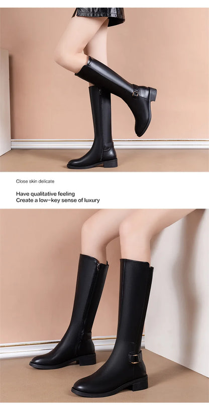 Women’s Black PU Leather Knee-High Boots – Metal Buckle, Fashion Outdoor Long Shoes, Size 34-41
