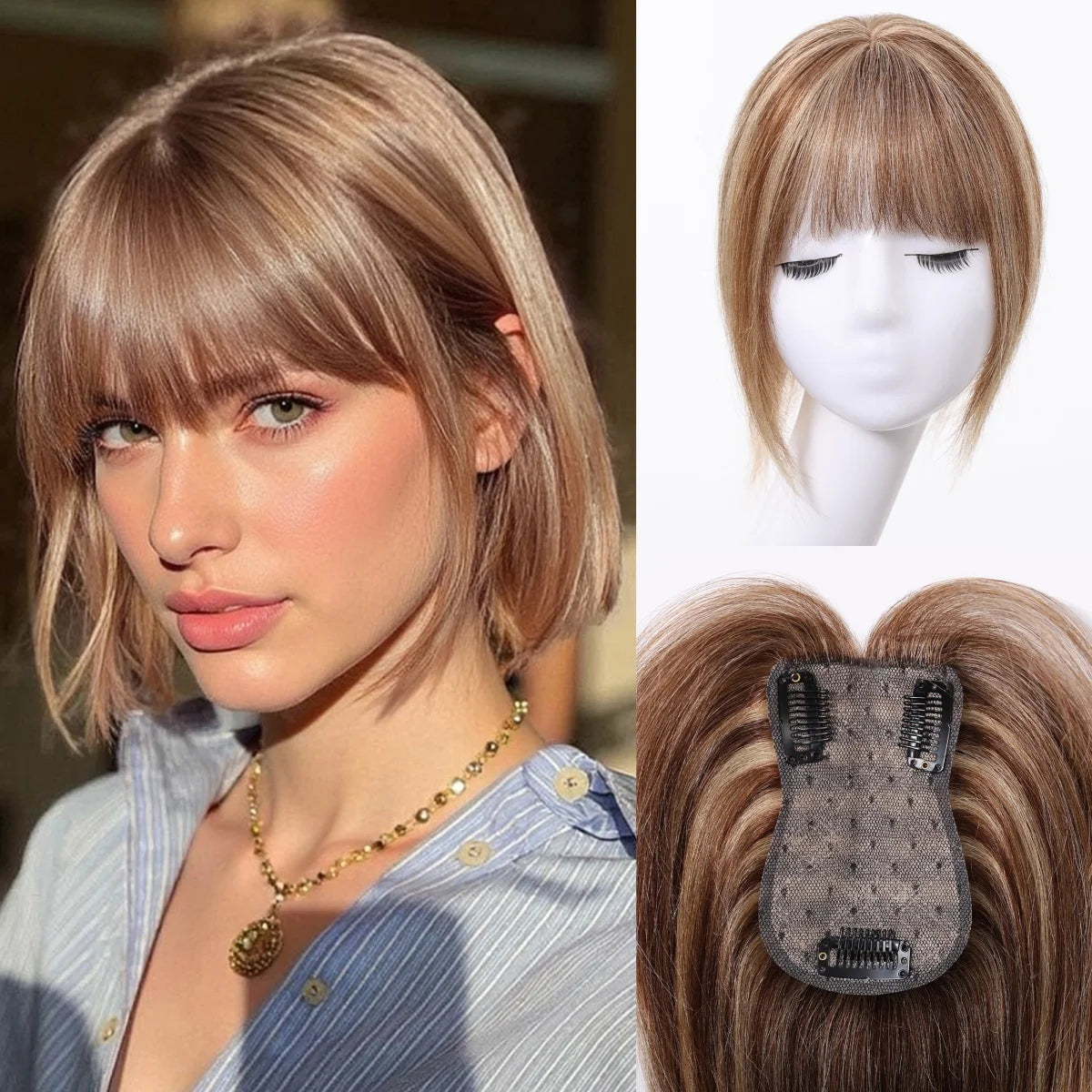 Light Grey Human Hair Topper with Thick Bangs – Clip-In 360° Coverage Hair Extensions for Women