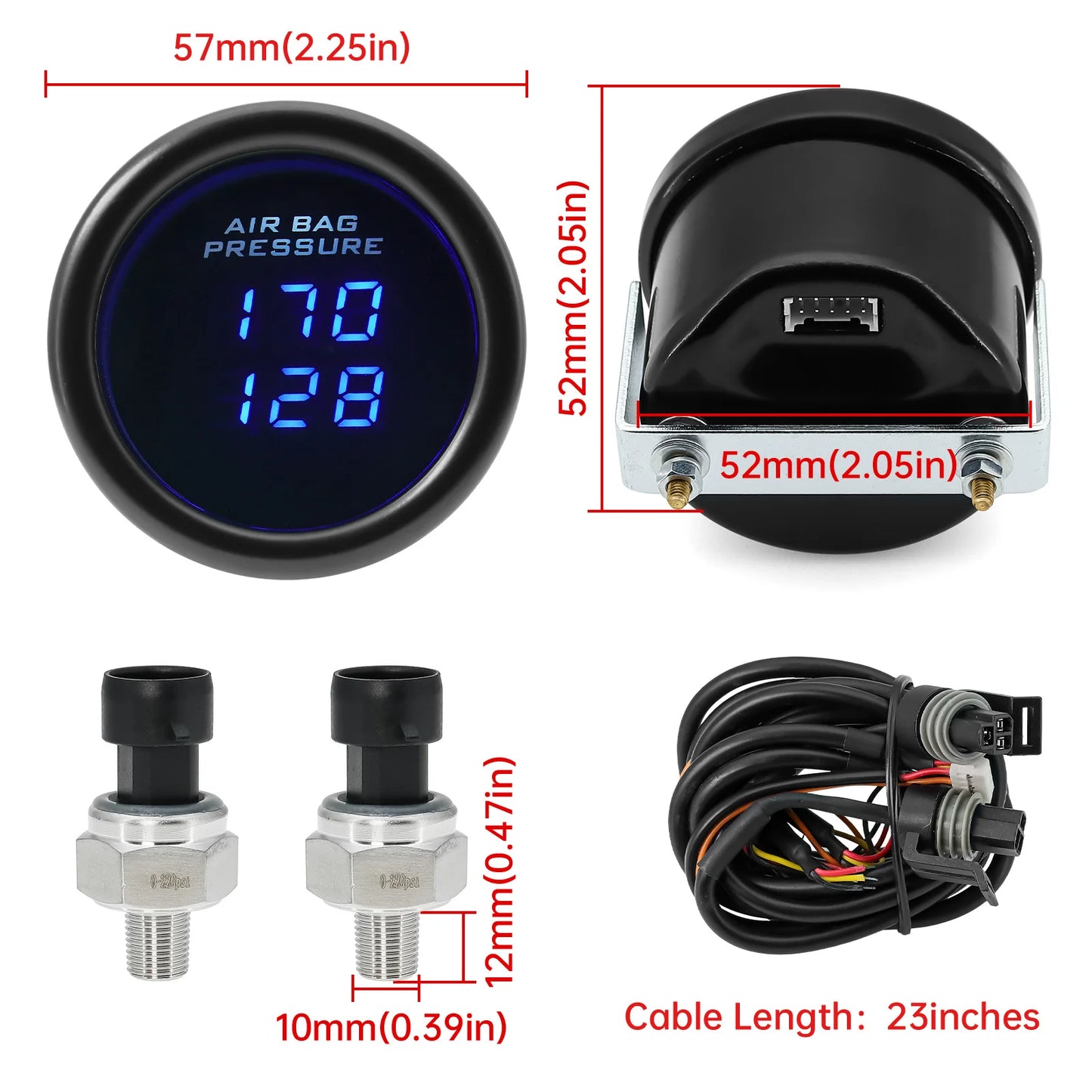 Triple Dual Display Air Pressure Gauge – LED Digital Suspension Gauge 0-220 PSI with 1/8 NPT Sensors for Car