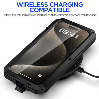 Heavy Duty Aluminum Metal Case for iPhone 16/15/14/13/12/11 Pro Max – Shockproof Gorilla Glass Cover for iPhone XS Max/XR/7/8