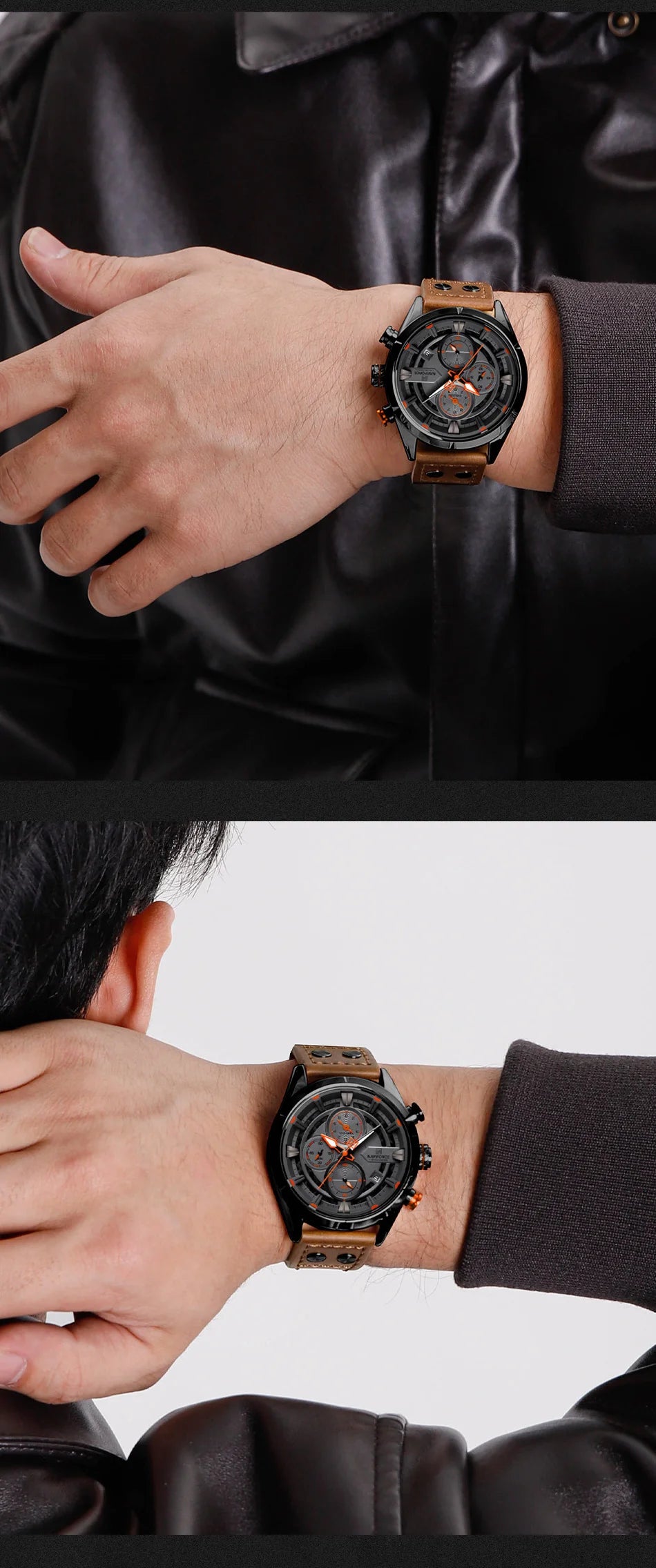 NAVIFORCE Men's Casual Watch – Luxury Waterproof Chronograph Quartz Wristwatch with Genuine Leather Strap
