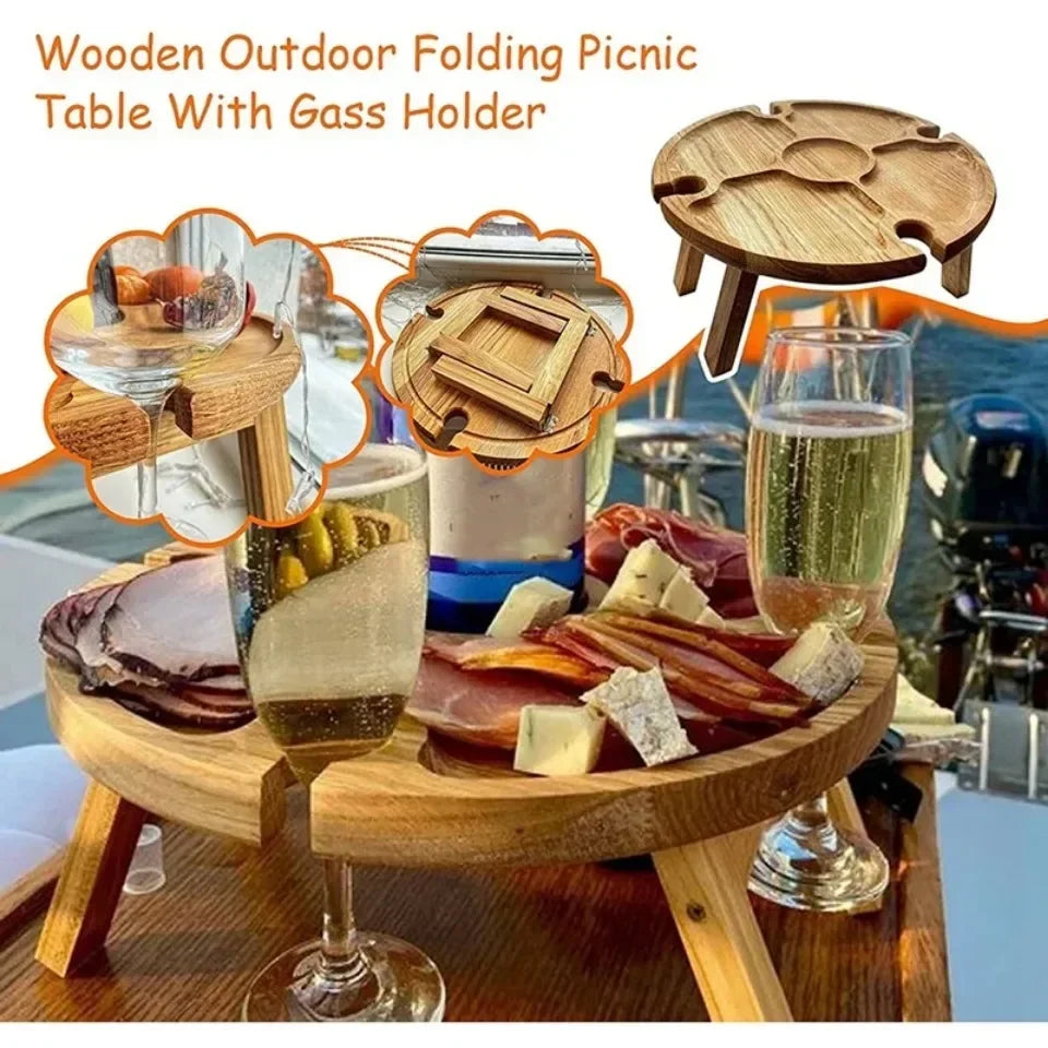 Wooden Folding Picnic Table – Round Foldable Desk with Wine Glass Rack, Portable Snack Table for Outdoor Camp