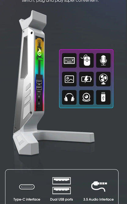 RGB Gaming Headset Stand – LED USB Charging Dock with Sound-Activated Lights & 11 Modes