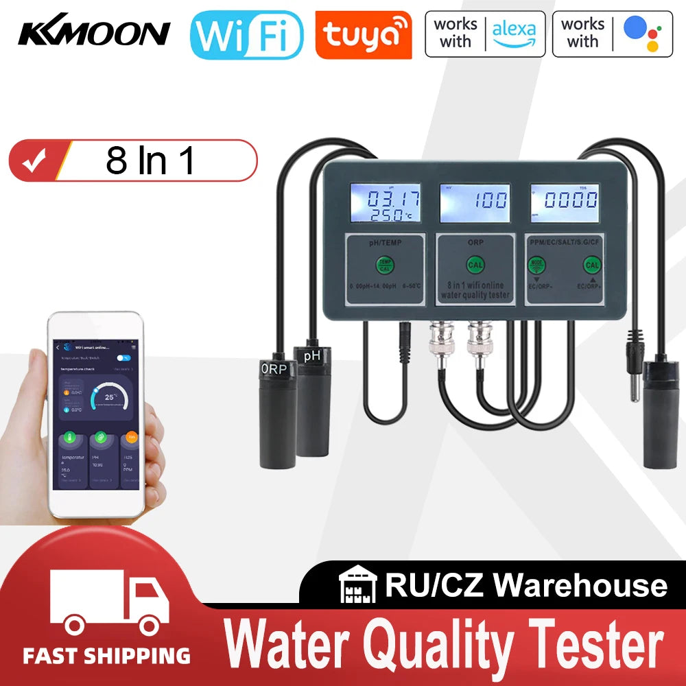Tuya WiFi 8 in 1 Water Quality Tester – S.G, PH, EC, ORP, TDS, CF, Salt, Temp Analyzer for DIY Water Monitoring