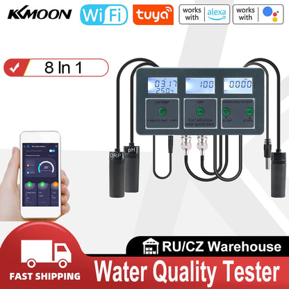 Tuya WiFi 8 in 1 Water Quality Tester – S.G, PH, EC, ORP, TDS, CF, Salt, Temp Analyzer for DIY Water Monitoring