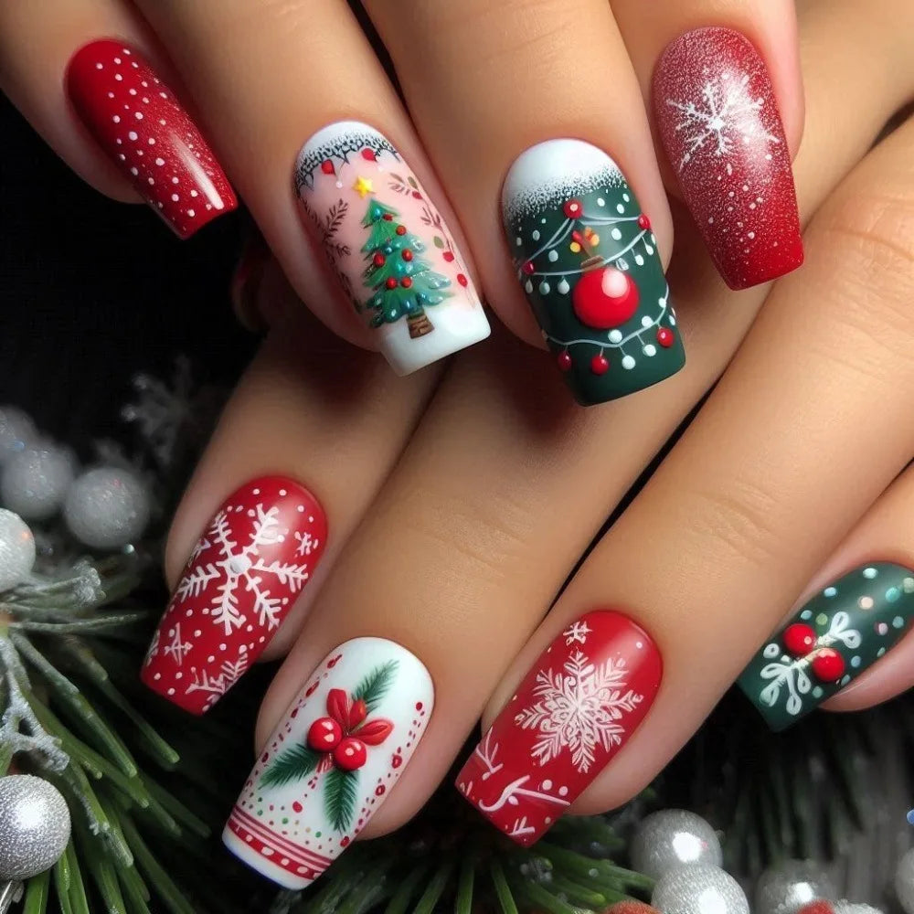Medium Long Christmas Fake Nails – Square & Almond Tips with Tree, Snowflake & Snowman Designs