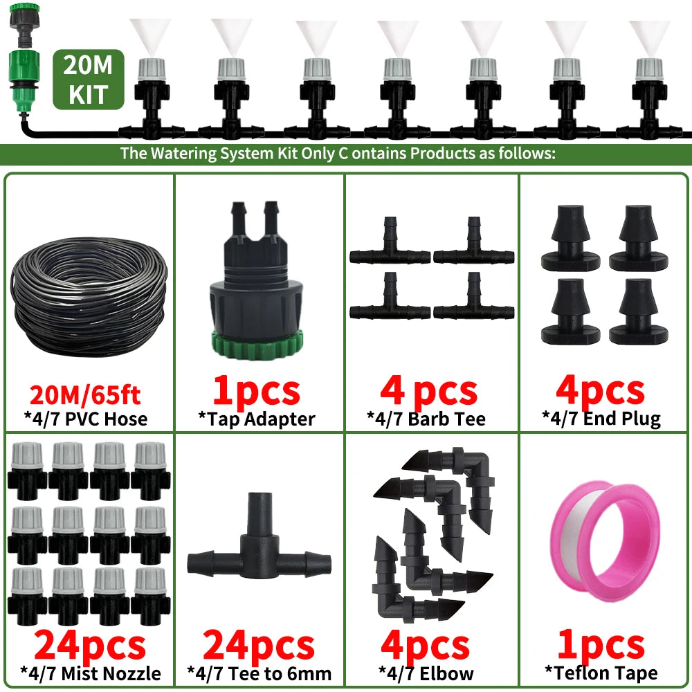 10-20M Automatic Garden Irrigation System – Portable Misting Fog Nozzles with 4/7mm Tee Connector for Patio & Hose Spray
