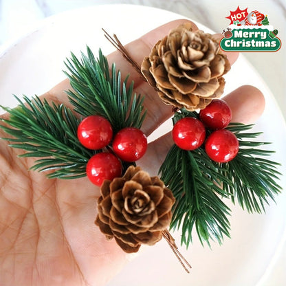 10pcs Artificial Pine Cones & Red Berries – Christmas Tree Toppers & Holiday Decor Set