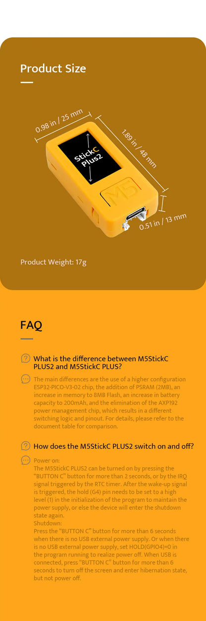 M5Stack M5StickC PLUS2 Portable IoT Development Kit - ESP32-PICO, 1.14-inch TFT Screen, Watch-Type Wearable IoT Controller