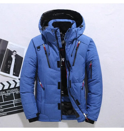 Men's Winter Hooded Puffer Jacket – White Duck Down Coat, Windproof & Warm Outdoor Parka, Size 5