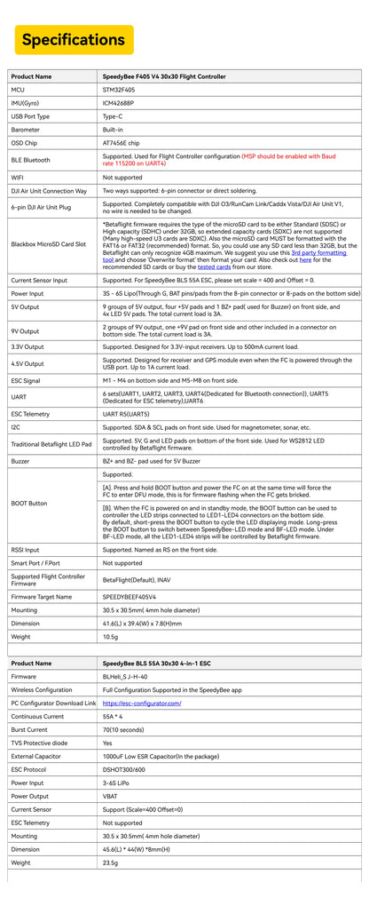 SpeedyBee F4 F405 V4 30x30 Stack – 55A/60A BLS 4-in-1 ESC, ICM42688P, Wireless Bluetooth FC for FPV Racing Drones, iNAV & Betaflight Compatible