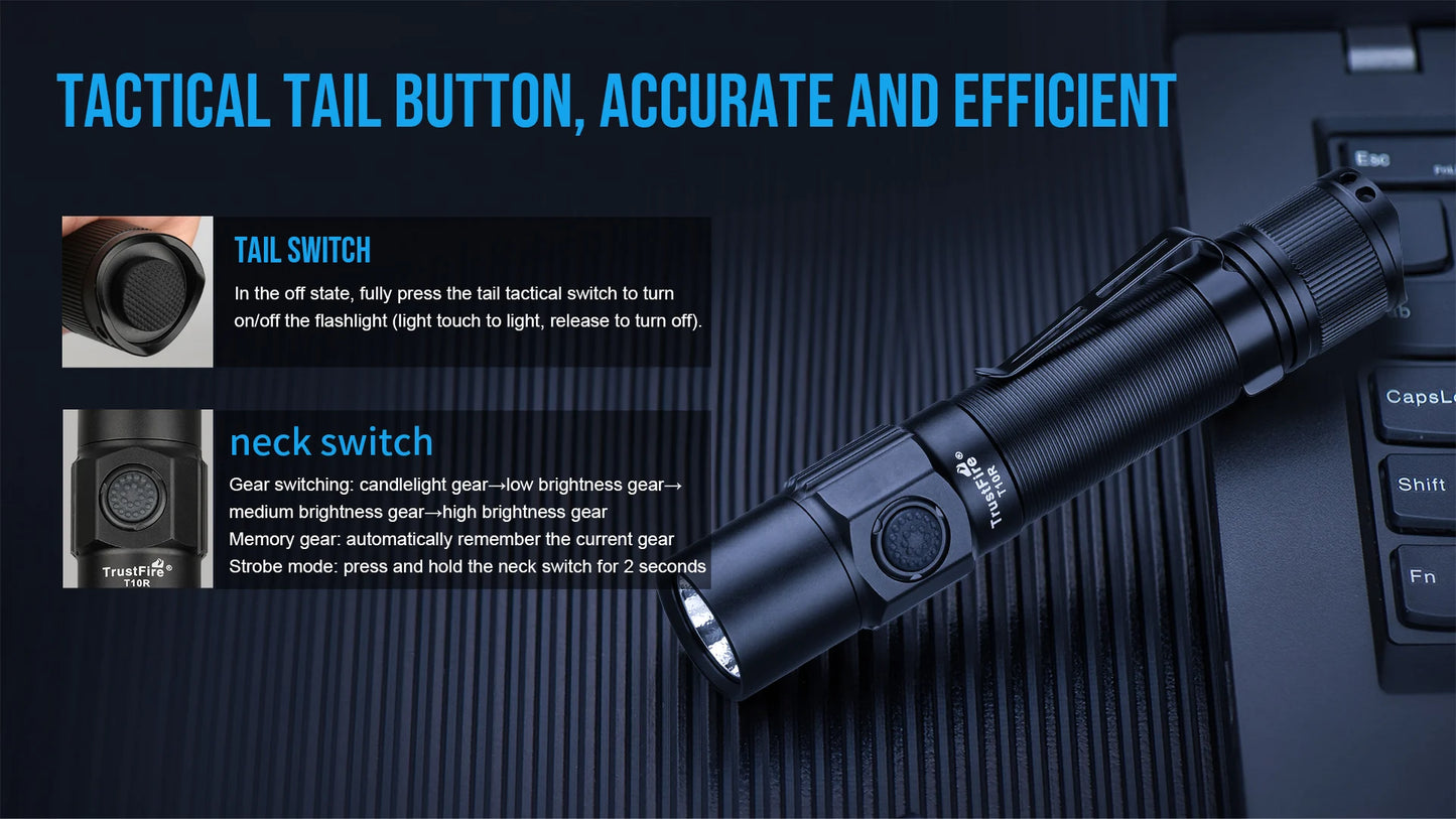 Trustfire T10R Tactical LED Flashlight — 1800 Lumen, USB-C Rechargeable 18650 Torch with Dual Switch