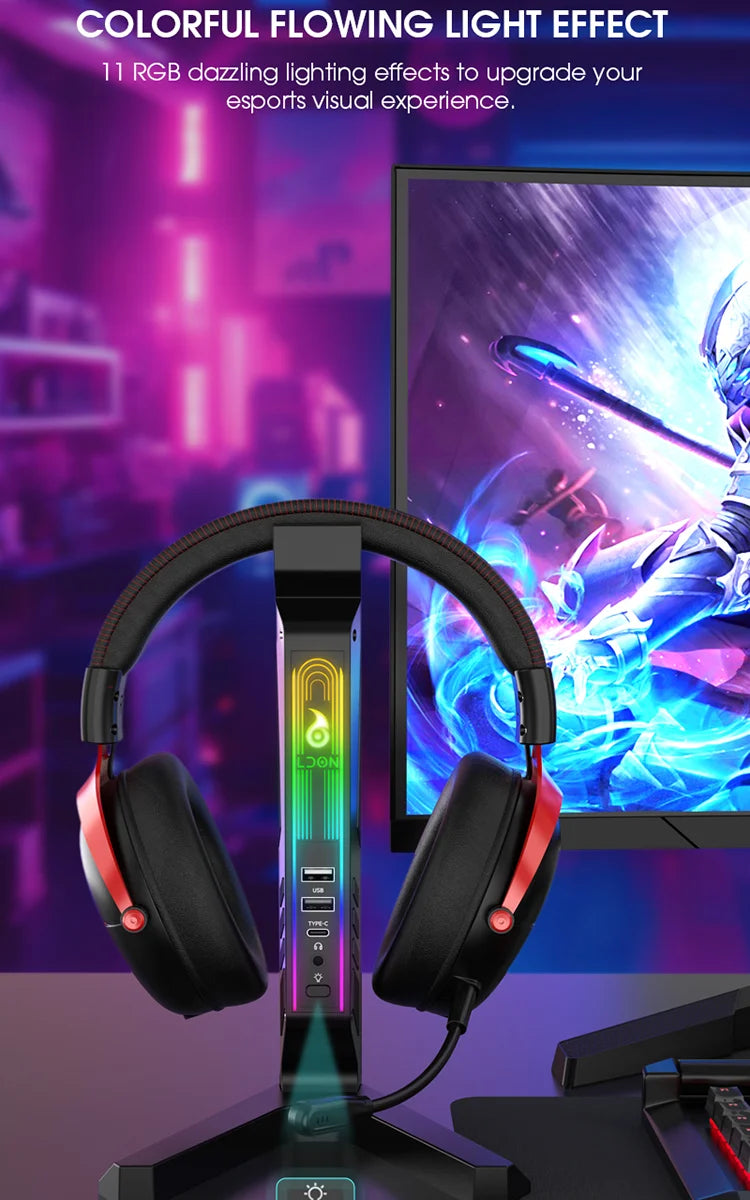 RGB Gaming Headset Stand – LED USB Charging Dock with Sound-Activated Lights & 11 Modes