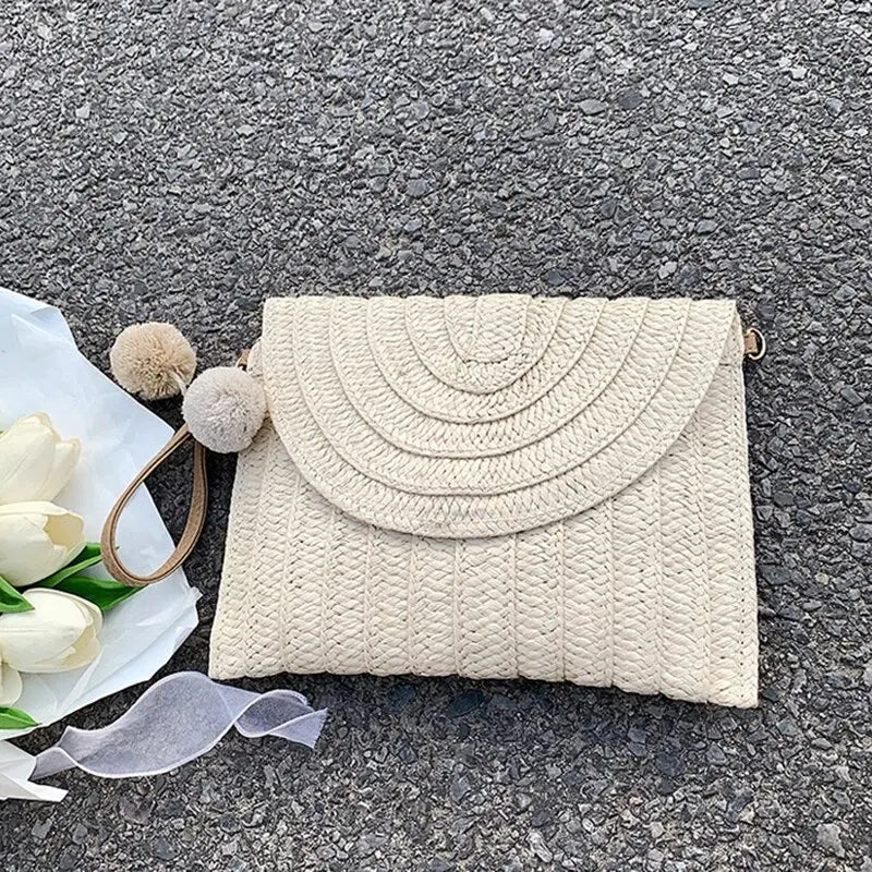 Handmade Straw Beach Bag – Small Woven Summer Shoulder Crossbody Clutch with Hair Ball
