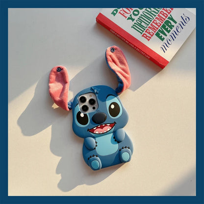 3D Stitch Plush Phone Case — Soft Silicone Cartoon Cover with Ear Strap for iPhone 11-16 Pro Max