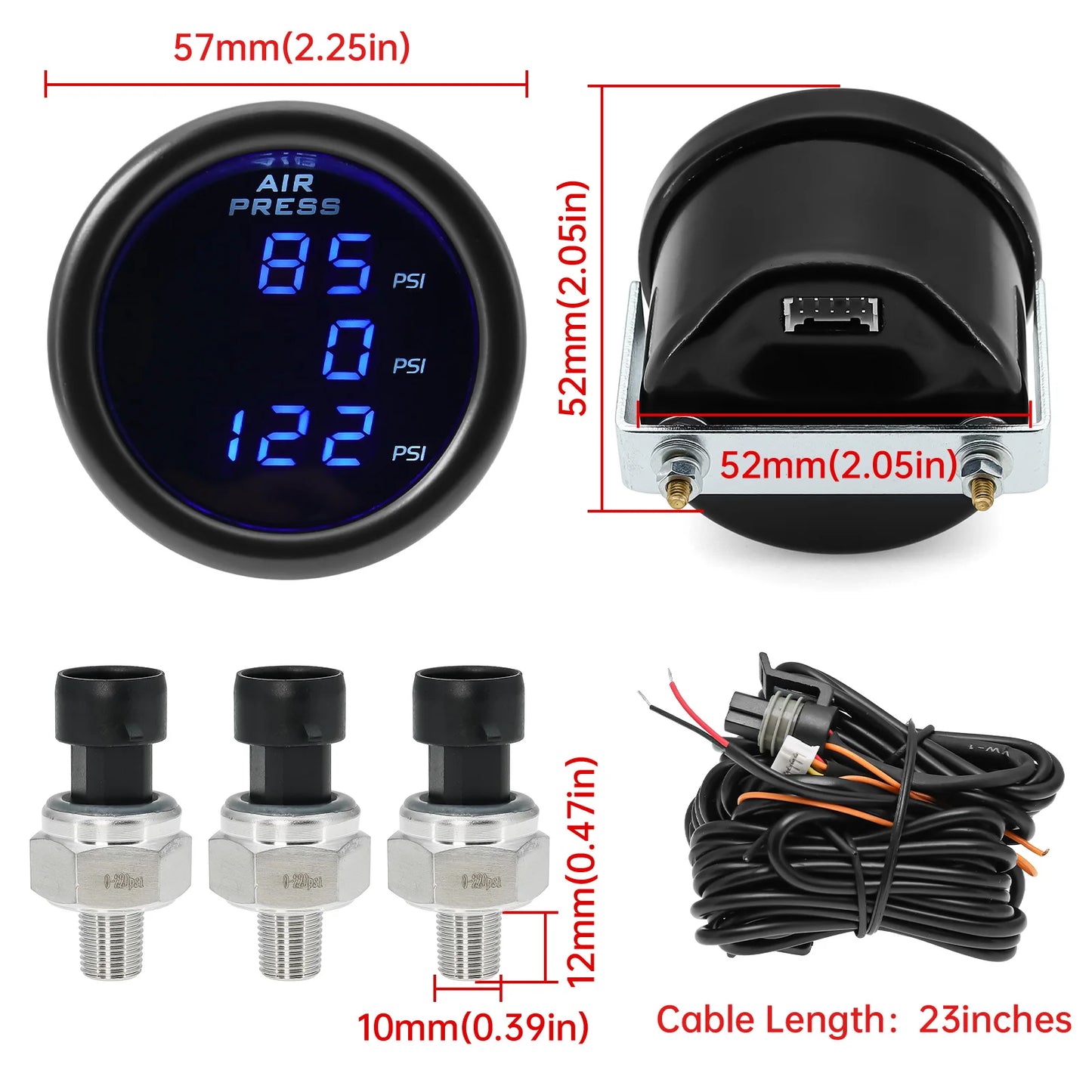 Triple Dual Display Air Pressure Gauge – LED Digital Suspension Gauge 0-220 PSI with 1/8 NPT Sensors for Car