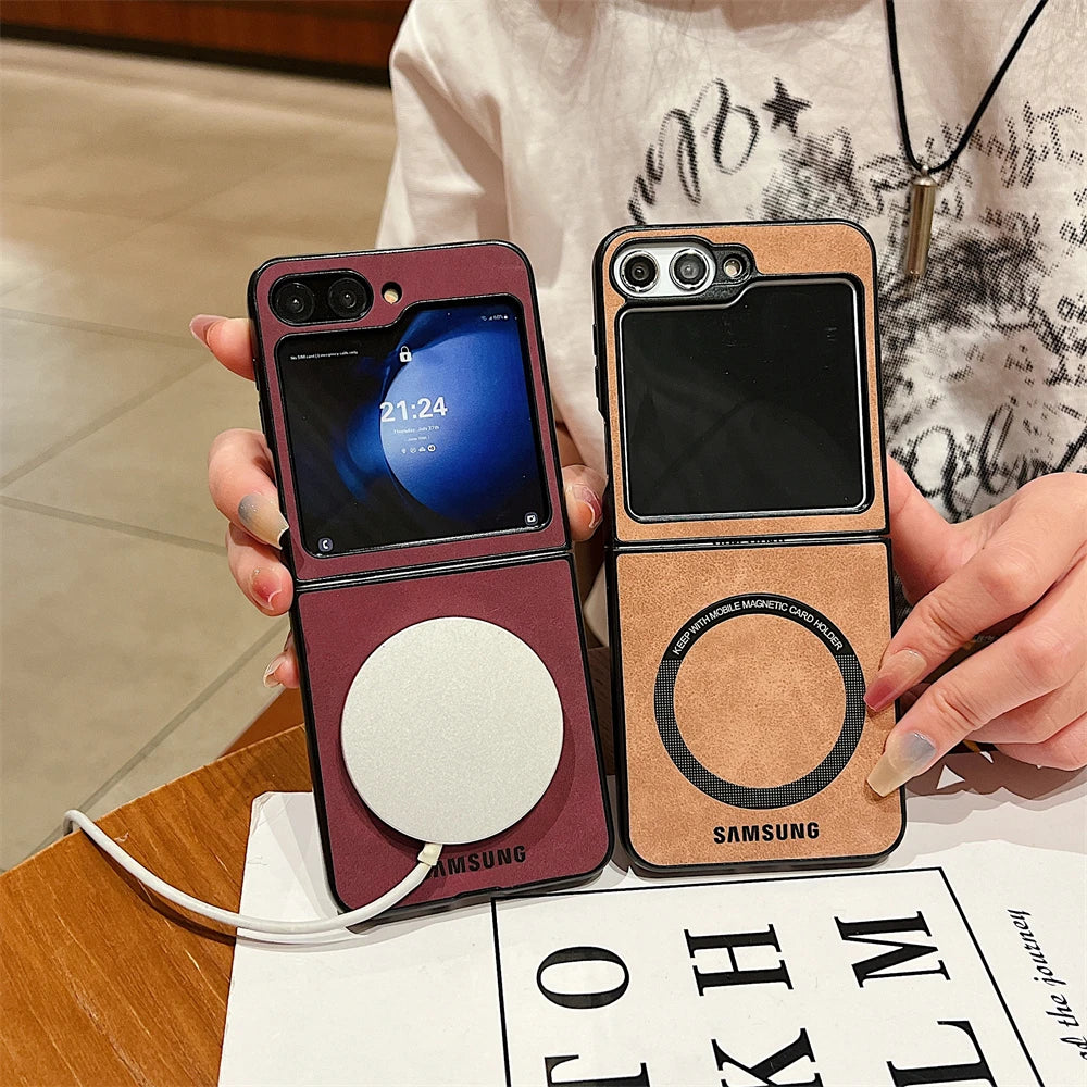 MagSafe Matte PU Leather Case for Samsung Galaxy Z Flip 6/5/4/3 & Z Fold 6/5/4/3 – Magnetic Luxury Flip Cover Skin Feel