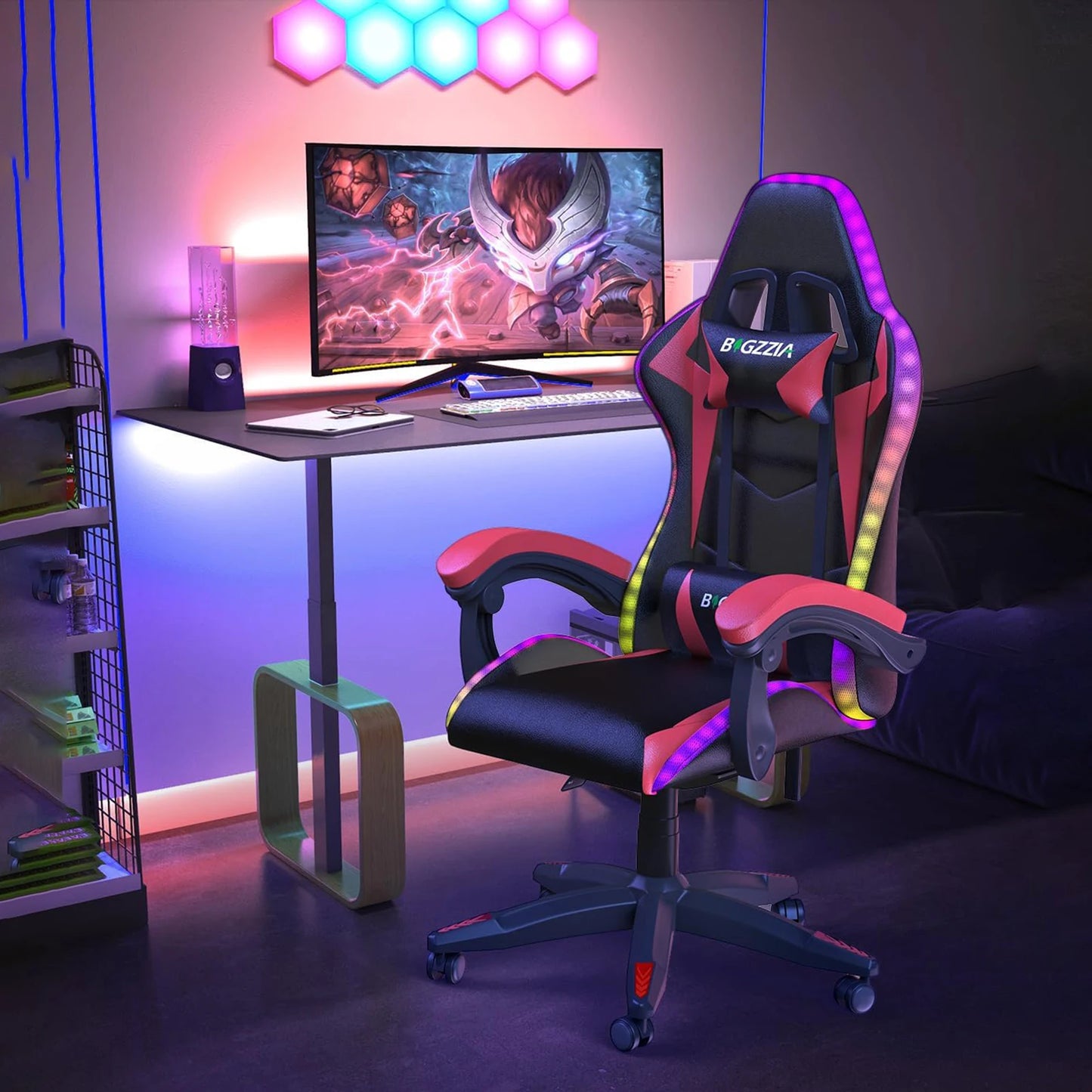 RGB Gaming Chair with LED Lights – Ergonomic PU Leather High Back Reclining Office Chair with Headrest