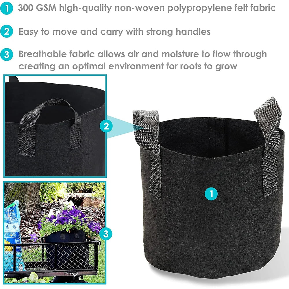 5-Pack Grow Bags with Handles — Aeration Fabric Pots for Plants, Available in 3, 4, 5, 7 & 30 Gallon