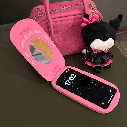 3D Hot Pink Bow Flip Mirror Silicone Case: Cute Cellphone Model Cover for iPhone 15 14 13 12 Pro Max 11 - Shockproof Soft Gift