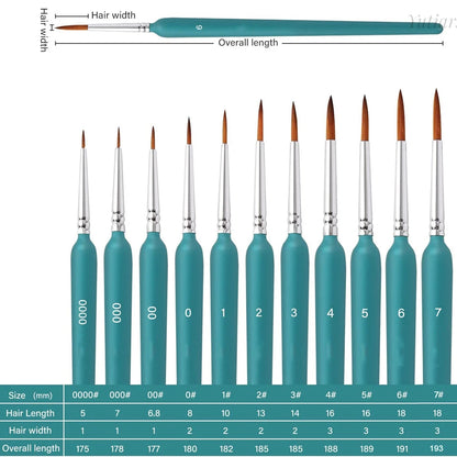 11pcs Miniature Weasel Hair Paint Brushes - Art Painting Brushes for Gouache, Watercolor, Oil Paints - Artists Hand-Painted Tools