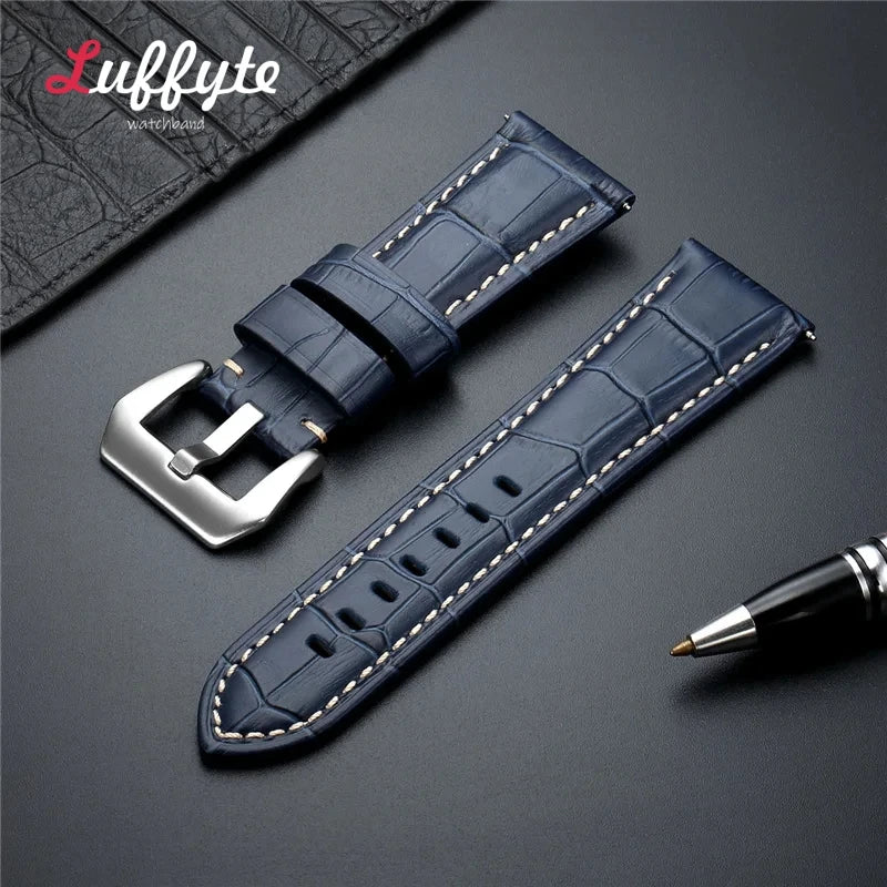 High-Quality Genuine Leather Watch Strap – 20mm-26mm Men's Band in Black, Brown & Blue