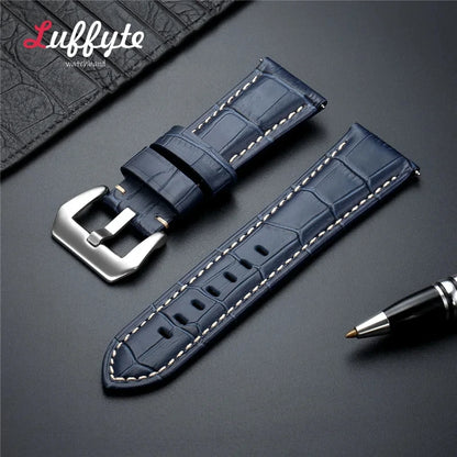 High-Quality Genuine Leather Watch Strap – 20mm-26mm Men's Band in Black, Brown & Blue