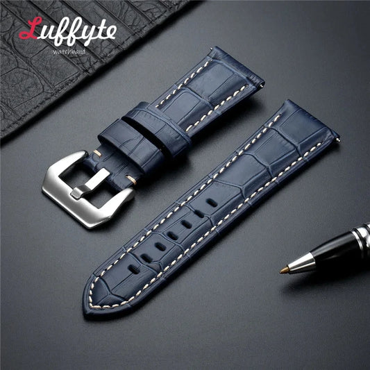 High-Quality Genuine Leather Watch Strap – 20mm-26mm Men's Band in Black, Brown & Blue