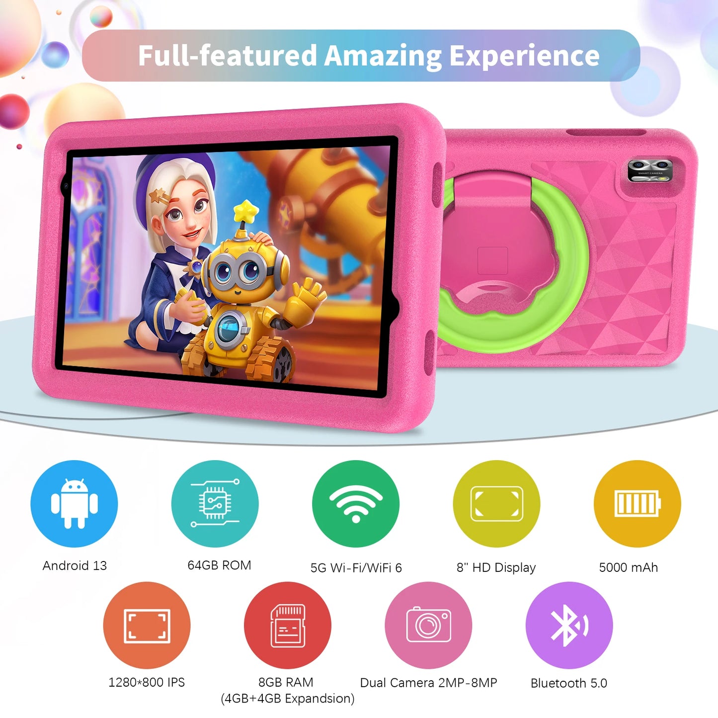 VASOUN Kids Tablet 8 Inch – Android 13, Quad-Core, 8GB RAM (4+4 Expand), 64GB ROM, 5000mAh, Dual Camera, WiFi, Parental Control
