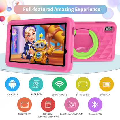 VASOUN Kids Tablet 8 Inch – Android 13, Quad-Core, 8GB RAM (4+4 Expand), 64GB ROM, 5000mAh, Dual Camera, WiFi, Parental Control