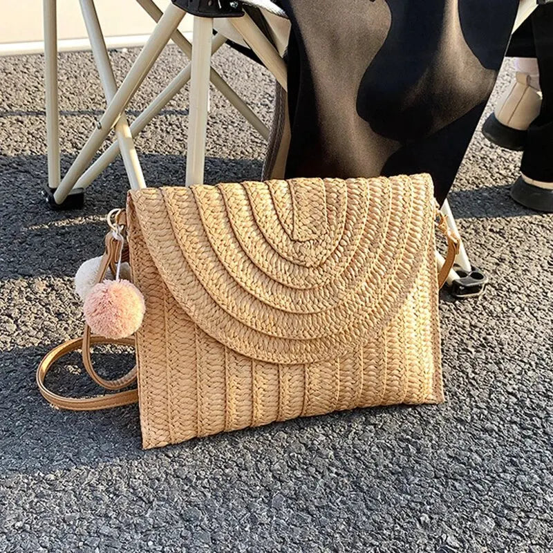Handmade Straw Beach Bag – Small Woven Summer Shoulder Crossbody Clutch with Hair Ball
