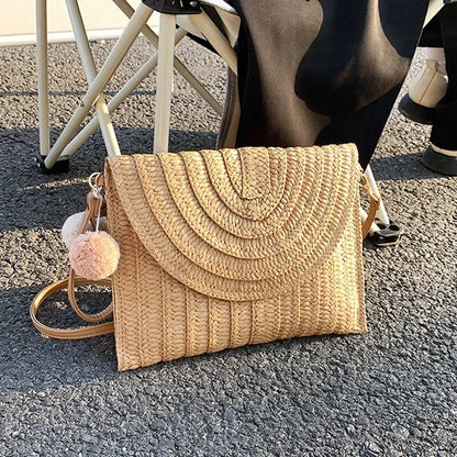 Handmade Straw Beach Bag – Small Woven Summer Shoulder Crossbody Clutch with Hair Ball
