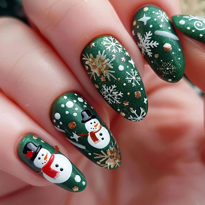 Medium Long Christmas Fake Nails – Square & Almond Tips with Tree, Snowflake & Snowman Designs