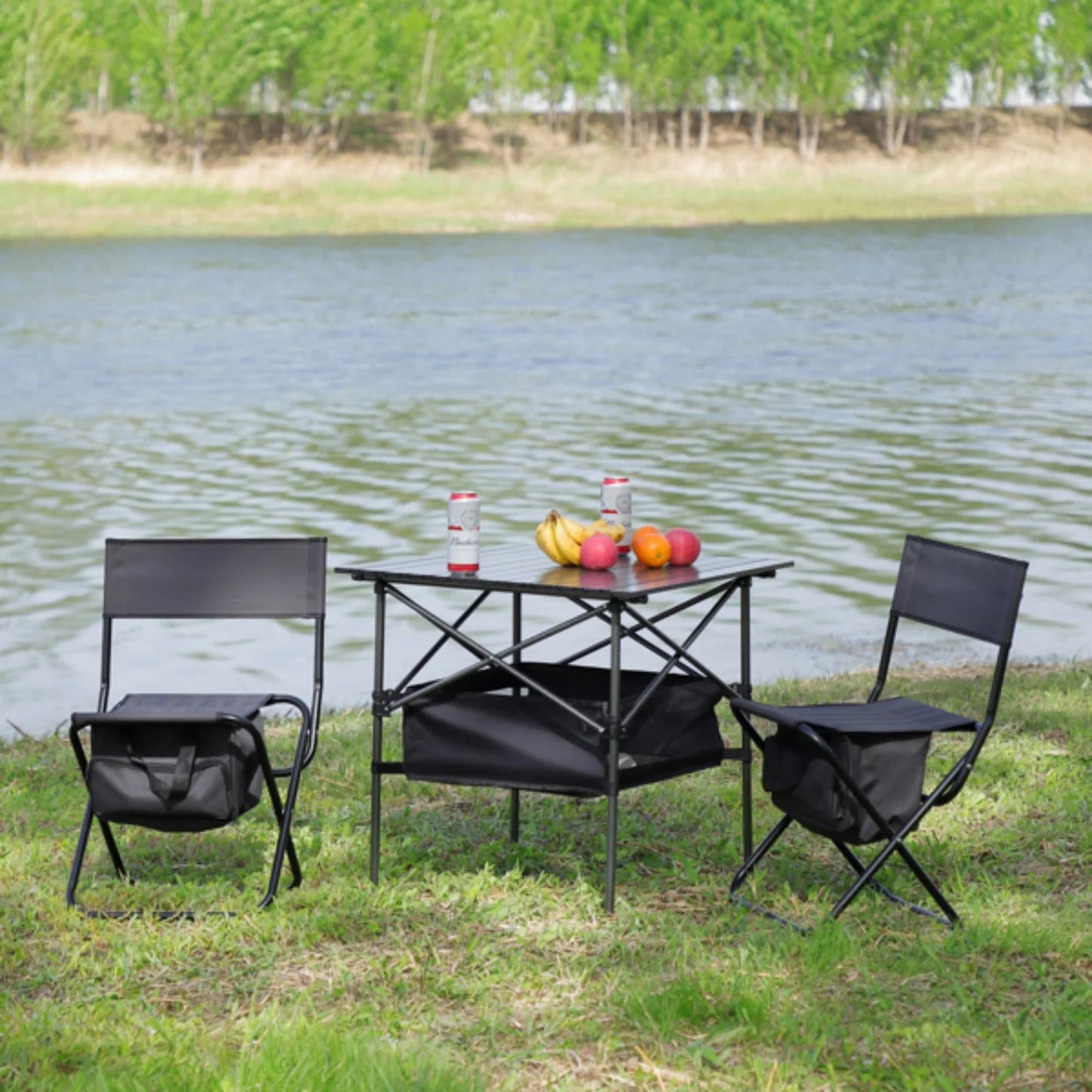 3-Piece Folding Outdoor Table and Chairs Set – Portable for Indoor, Camping, Picnic, Beach, Backyard, BBQ, Party & Patio, Black/Gray