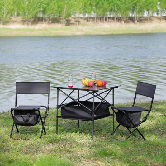 3-Piece Folding Outdoor Table and Chairs Set – Portable for Indoor, Camping, Picnic, Beach, Backyard, BBQ, Party & Patio, Black/Gray