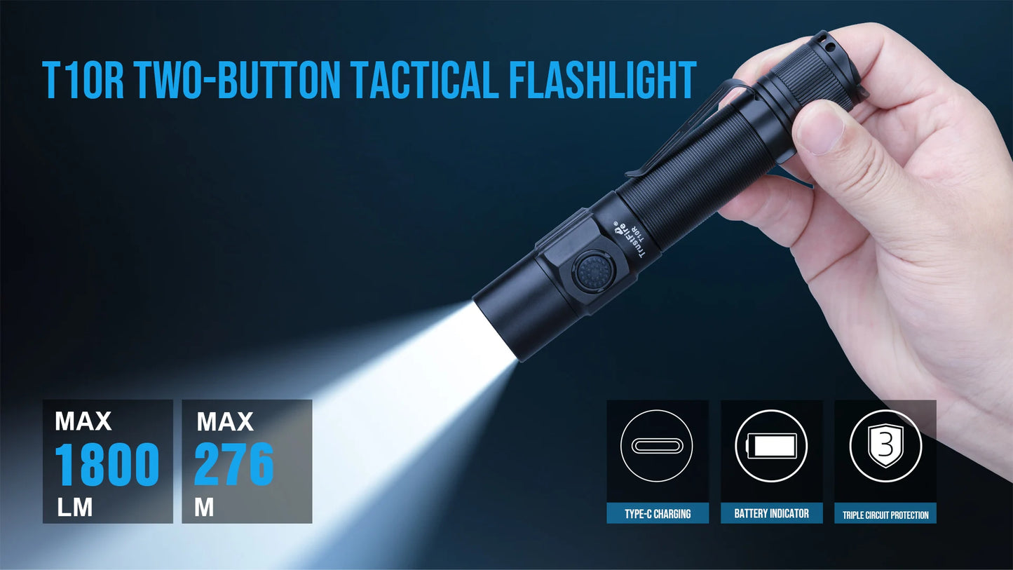 Trustfire T10R Tactical LED Flashlight — 1800 Lumen, USB-C Rechargeable 18650 Torch with Dual Switch