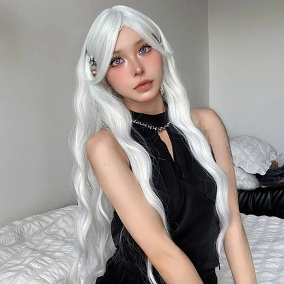 Long Water Wave Wig with Bangs: White Colorful Cosplay Silky Wig for Women - Daily Party Natural Soft Synthetic Hair, Heat Resistant