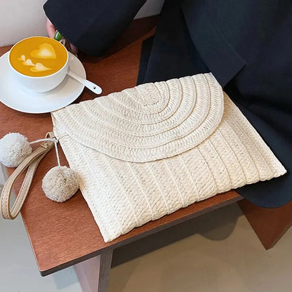 Handmade Straw Beach Bag – Small Woven Summer Shoulder Crossbody Clutch with Hair Ball