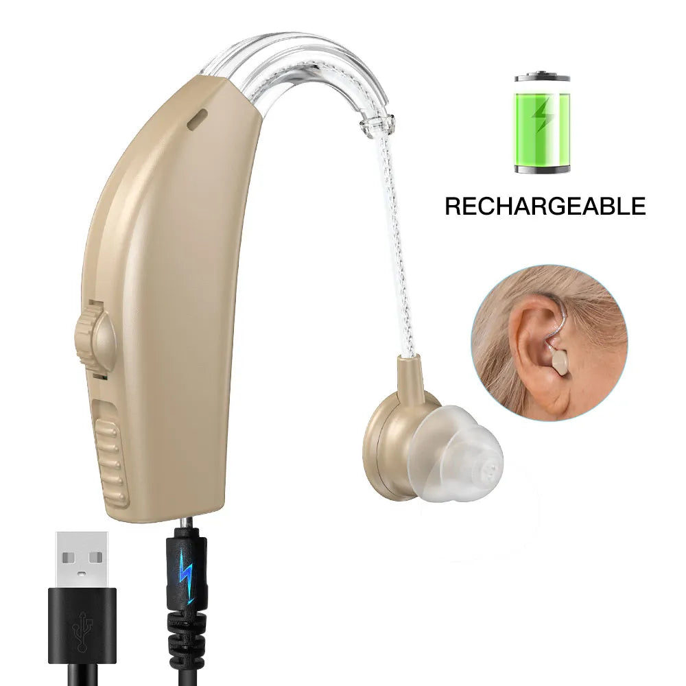 Single Piece Rechargeable BTE Hearing Aid - Noise Reduction Sound Amplifier for Deafness