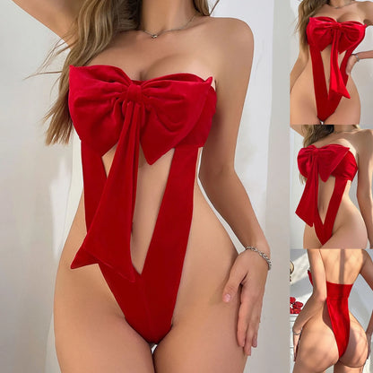 Sexy Women’s Strapless Red Velvet Jumpsuit – Hollow-Out Lingerie with Big Bow, Valentine’s Day Seduction Outfit