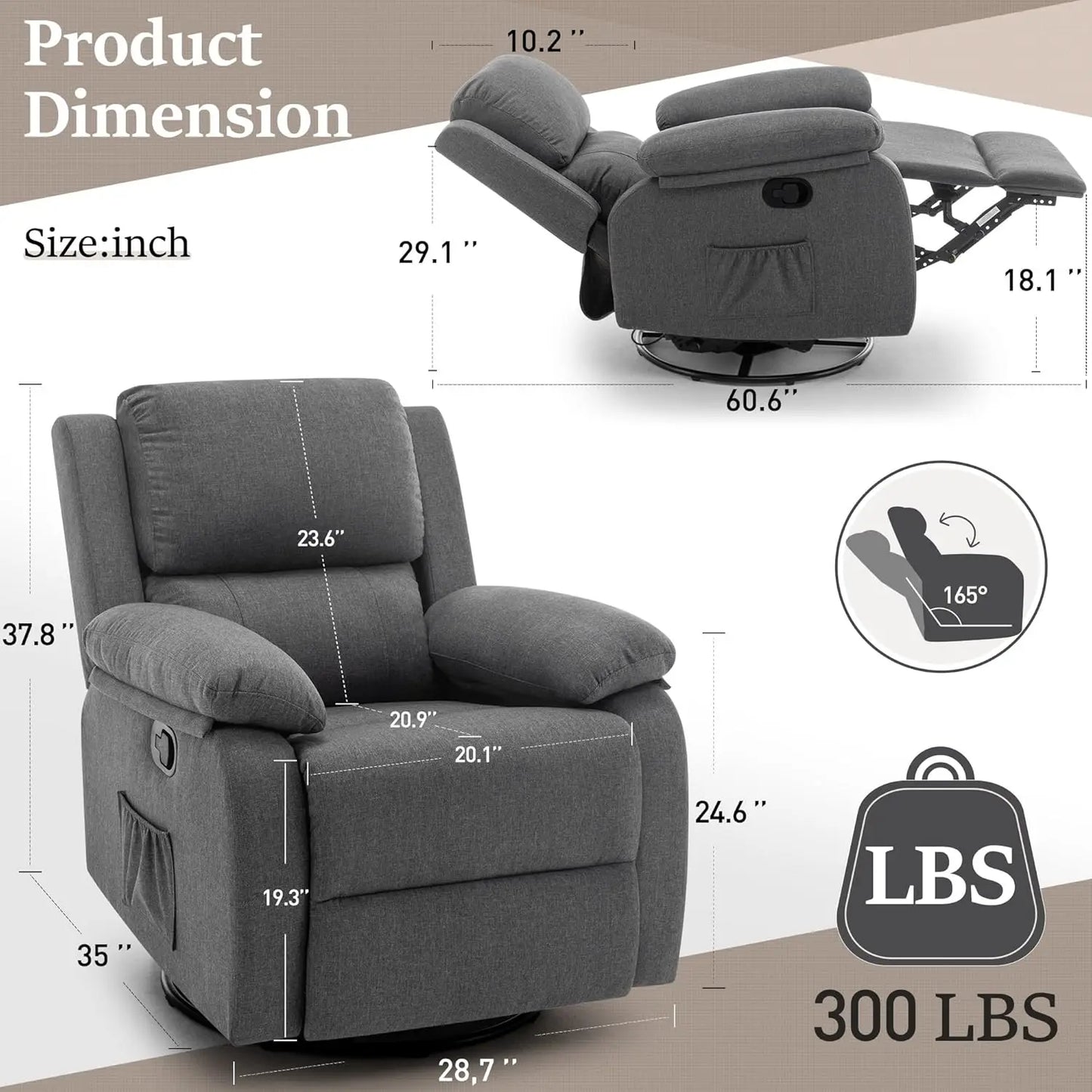 360° Swivel Recliner Rocker Chair – Upholstered Fabric Glider for Adults & Nursery Use