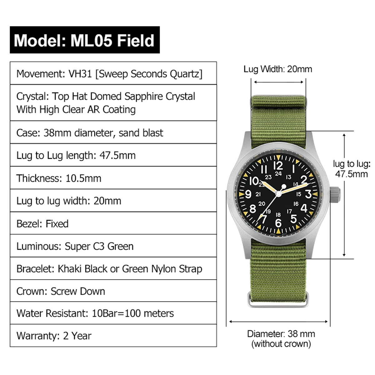 Militado ML05 Vintage Quartz Watch 38mm with VH31 Movement, Domed Sapphire Crystal, AR Coating & Luminous Dial