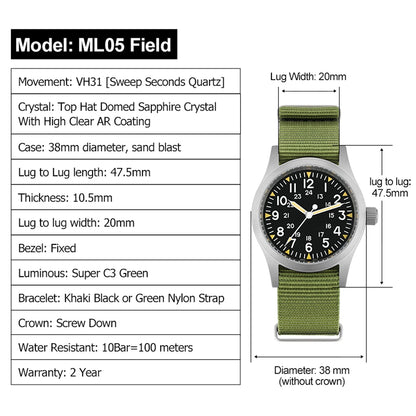 Militado ML05 Vintage Quartz Watch 38mm with VH31 Movement, Domed Sapphire Crystal, AR Coating & Luminous Dial