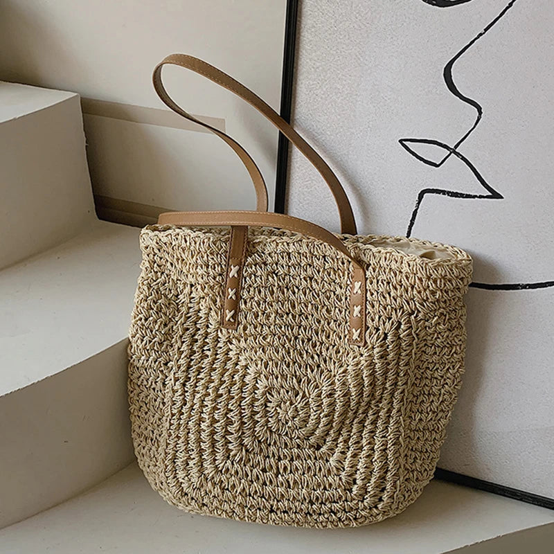 Handmade Woven Straw Beach Bag – Large Capacity Women’s Raffia Shoulder Tote for Summer Travel