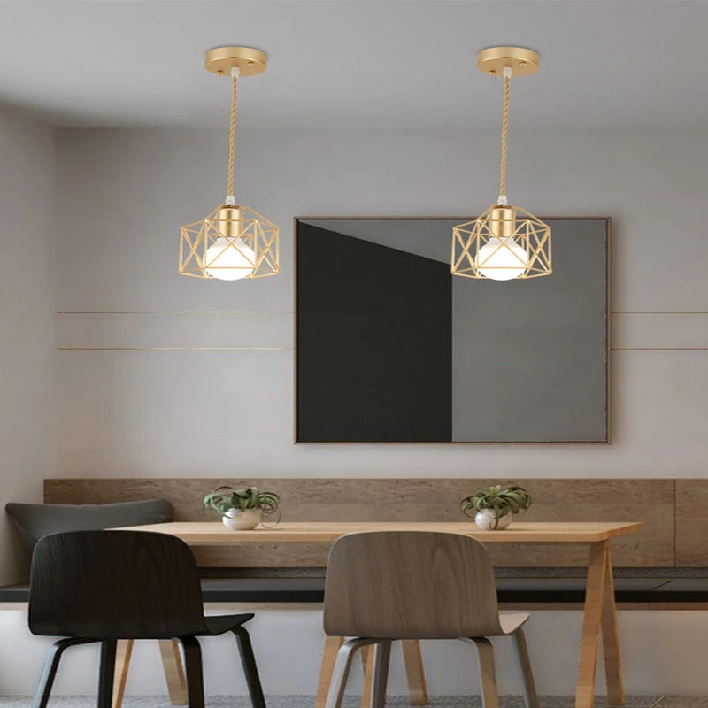 Modern LED Pendant Light - Iron Gold Black Minimalist Metal Cage Pendant Lamp - Living Room, Restaurant, Shop, Bar Fixture Decoration