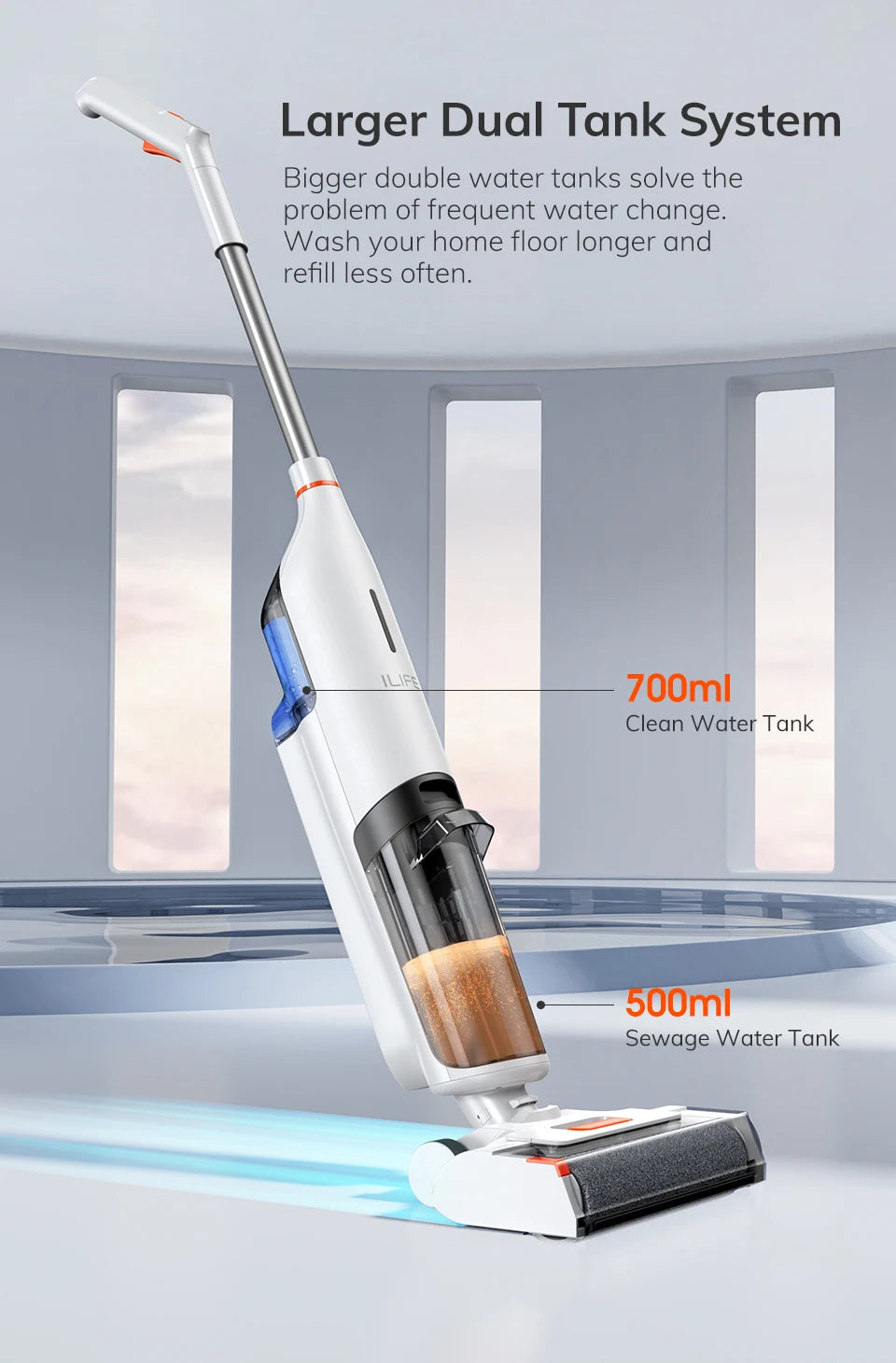 ILIFE W90 Cordless Wet Dry Smart Mop – 5500Pa Suction, Self-Cleaning in 1 Minute, Large Dual Water Tank